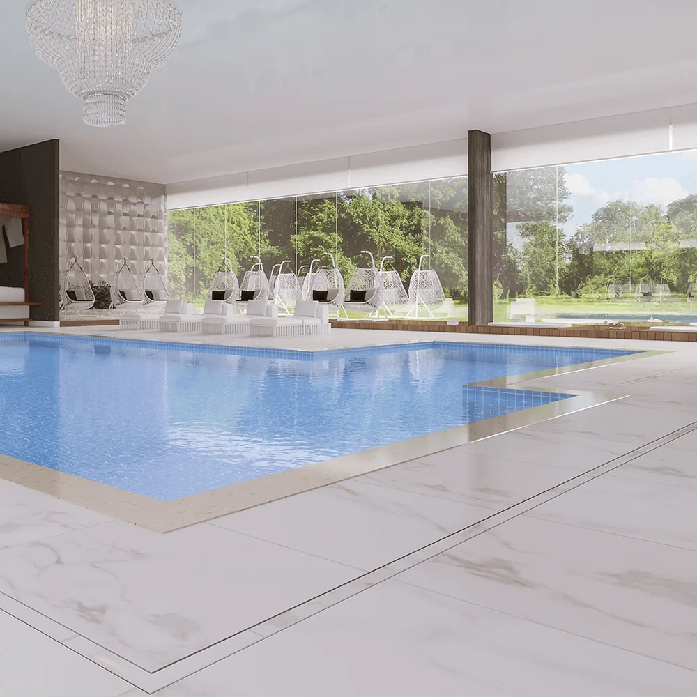 Ralo Linear para piscina premium Elleve, modelo oculto em inox integrado ao piso do banheiro e área externa