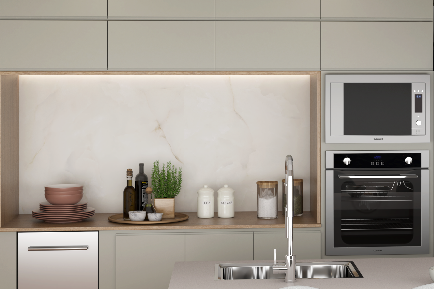 Forno de Embutir embutido em cozinha planejada moderna com acabamento inox e painel de madeira