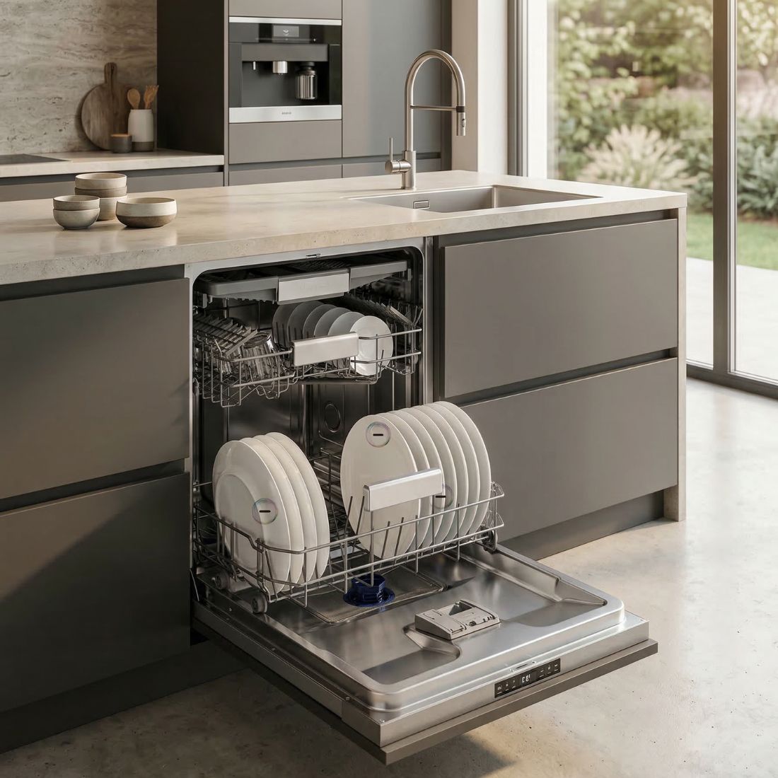 Lava Louças de Embutir premium Tecno embutida em cozinha planejada com pratos e talheres organizados