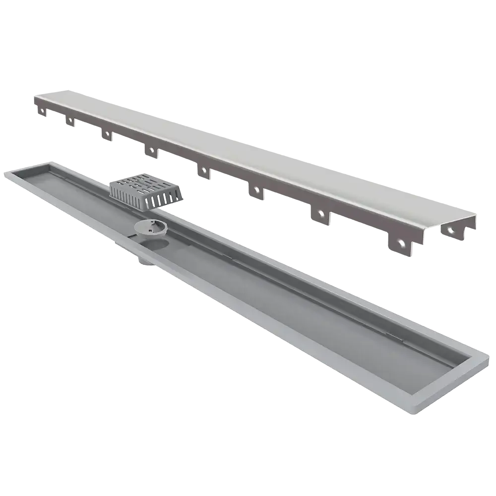 Ralo Linear Elleve Royal 90cm Tampa Inox - Saída Central: ralo linear Elleve 90cm em inox escovado com saída central e design discreto para box