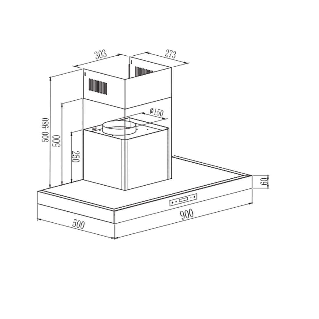 Coifa Evol Zeta de Parede 90cm inox — desenho técnico com dimensões 900x500mm e altura regulável, duto Ø150mm, capacidade visual do motor 800 m³/h