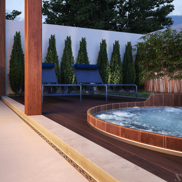 Ralo Linear Elleve Infinity Slim 80cm Tampa Vazada em inox escovado instalado junto a spa com deck de madeira