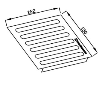 Desenho técnico do escorredor Debacco Inox 15cm para canal organizador, com medidas e detalhes do produto.