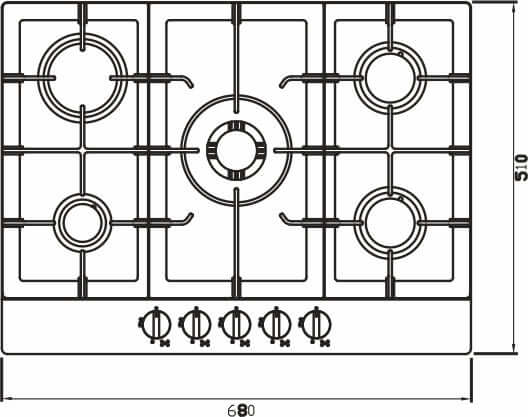 Desenho técnico do Cooktop Debacco Zurique a Gás 5 Bocas Inox 70cm, mostrando medidas e layout dos queimadores.