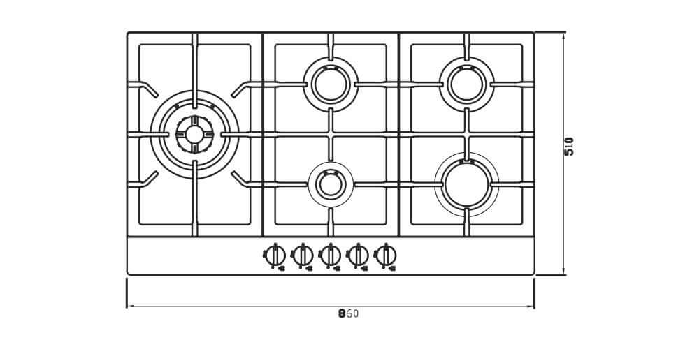 Desenho técnico do cooktop a gás Debacco Zurique 90cm com 5 queimadores e dimensões em milímetros.