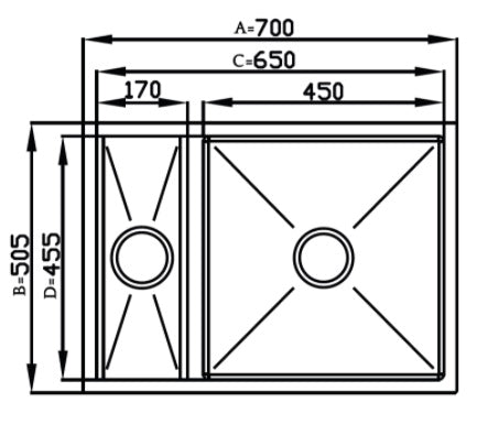 Cuba com Calha Debacco Quadratino 70cm em inox, diagrama técnico com medidas 700x505mm, câmara principal 450mm e calha lateral 170mm