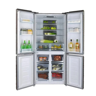 Refrigerador Cuisinart Arkton Multi Door 518 Litros Black 84cm com prateleiras organizadas e variedade de alimentos.