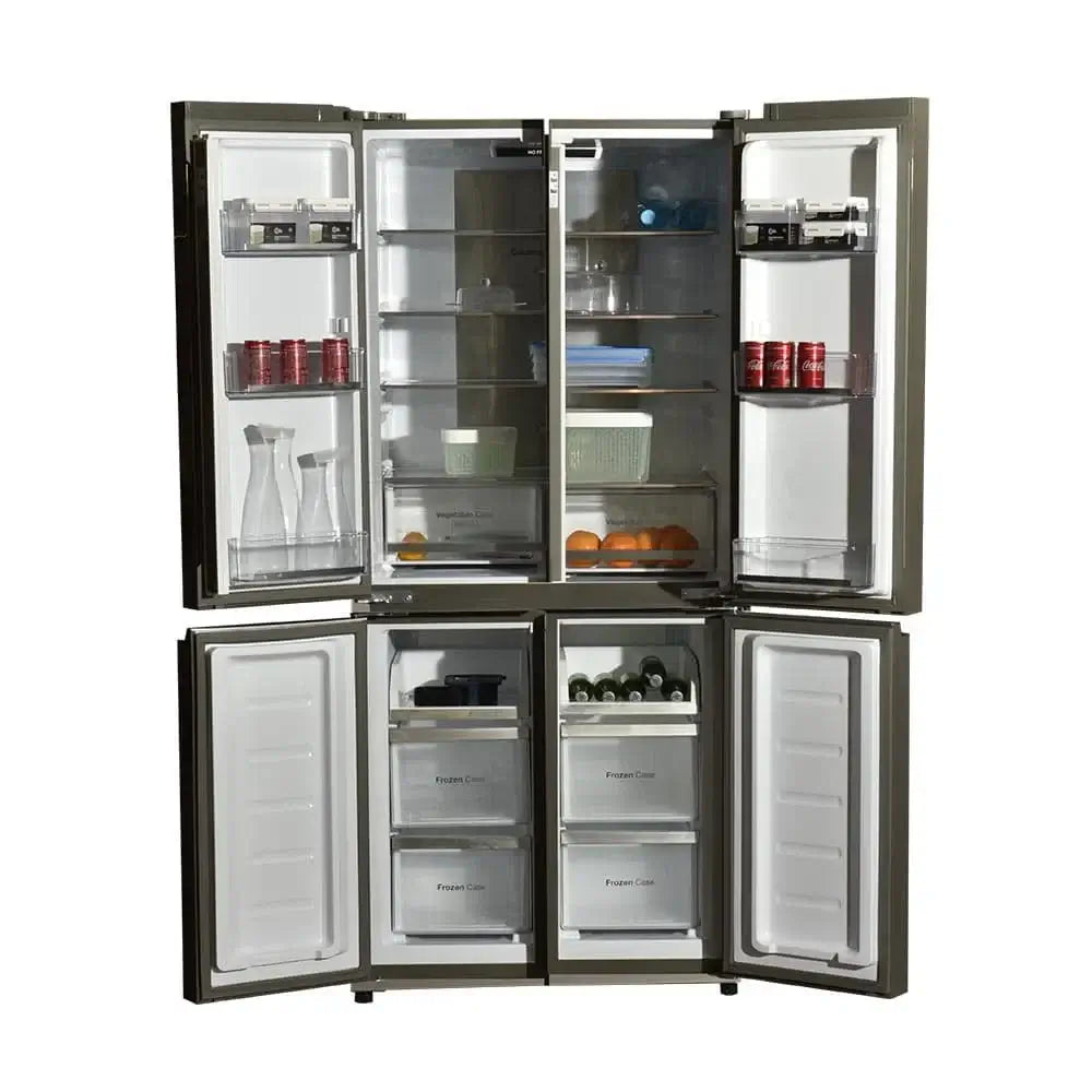 Refrigerador Cuisinart Arkton Multi Door 518 Litros Black 84cm aberto, mostrando prateleiras e gavetas.