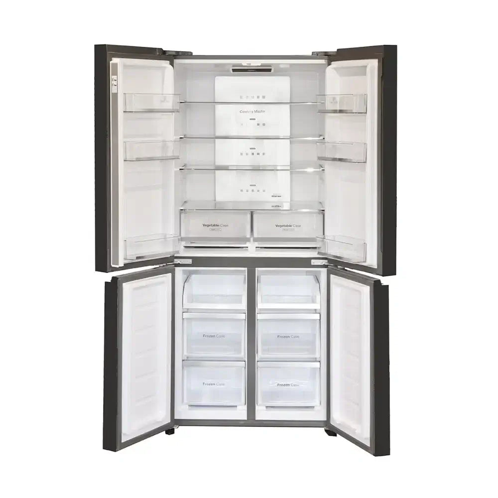 Refrigerador Cuisinart Arkton Multi Door 518 Litros Black 84cm com design clean e moderno, portas abertas mostrando interior.