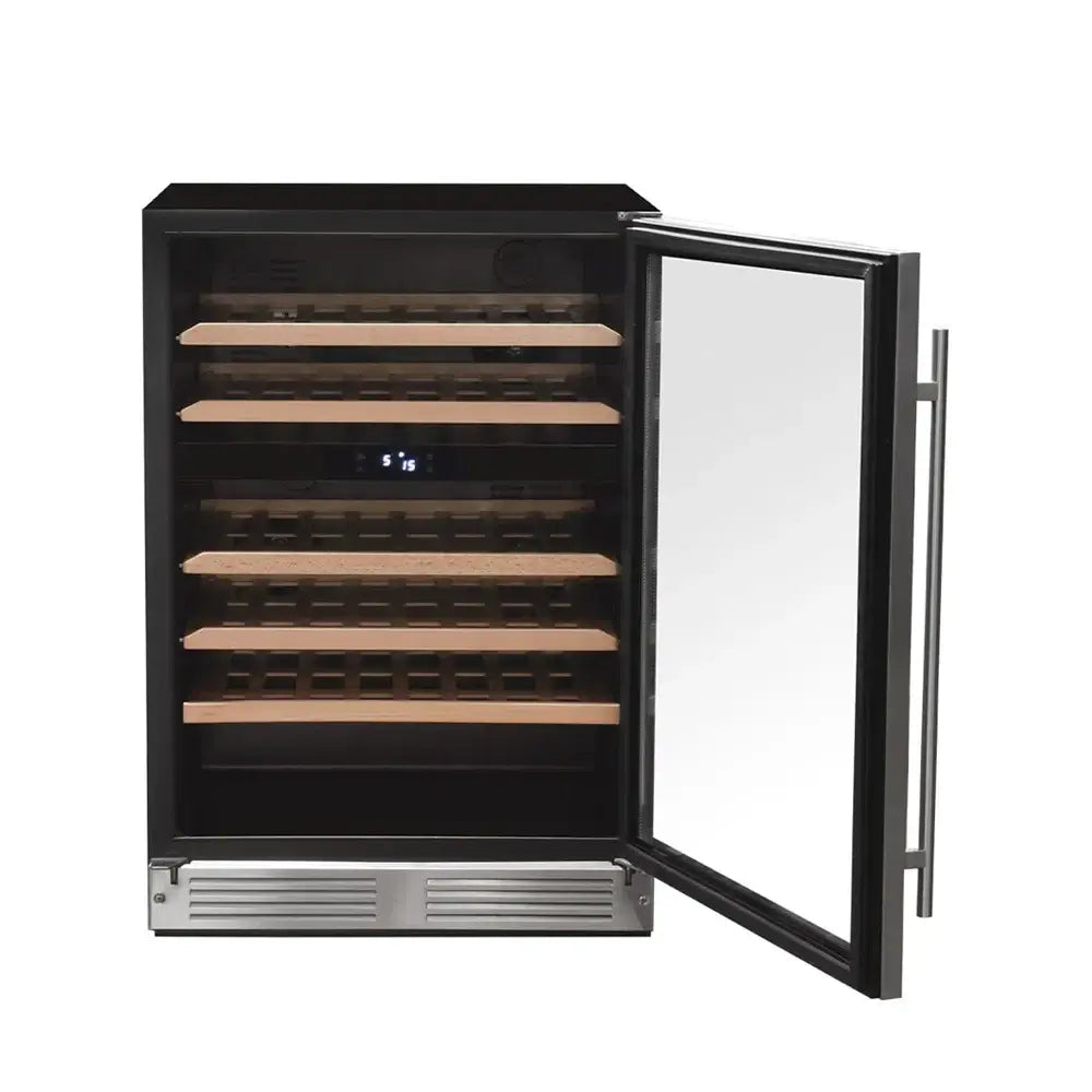 Adega de vinhos Cuisinart embutir com portas de vidro, 44 garrafas, design moderno e prateleiras de madeira.