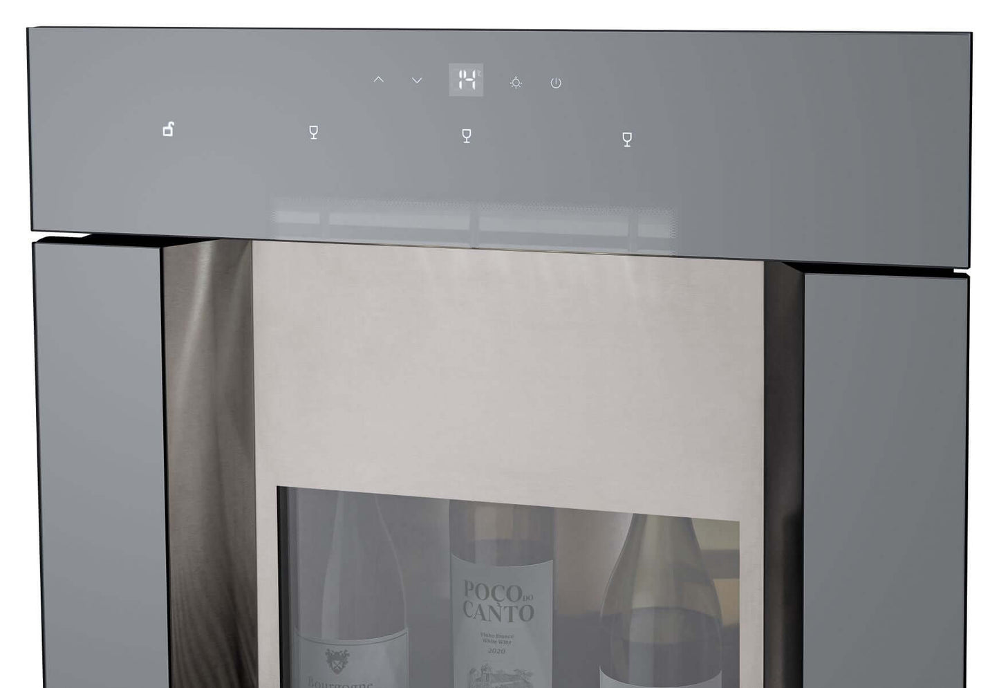 Dispenser para vinhos Tecno, 3 garrafas, inox, botão de controle e visor, design moderno.