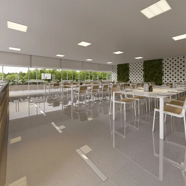 Ralo Linear Elleve Smart 60cm Tampa Inox - Saída Central em inox escovado instalado em refeitório moderno com design oculto e saída central