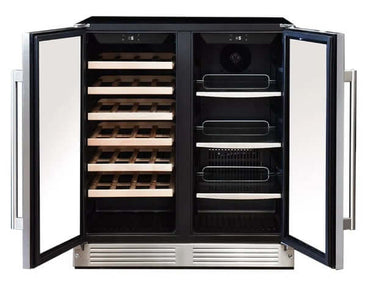 Adega e Cervejeira Cuisinart Arkton Inox 75cm com portas abertas, mostrando prateleiras para vinho e cerveja.