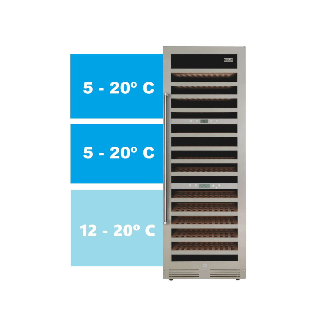Adega de vinhos Tecno com 3 zonas de temperatura de 5 a 20 ºC e 12 a 20 ºC para conservação ideal.