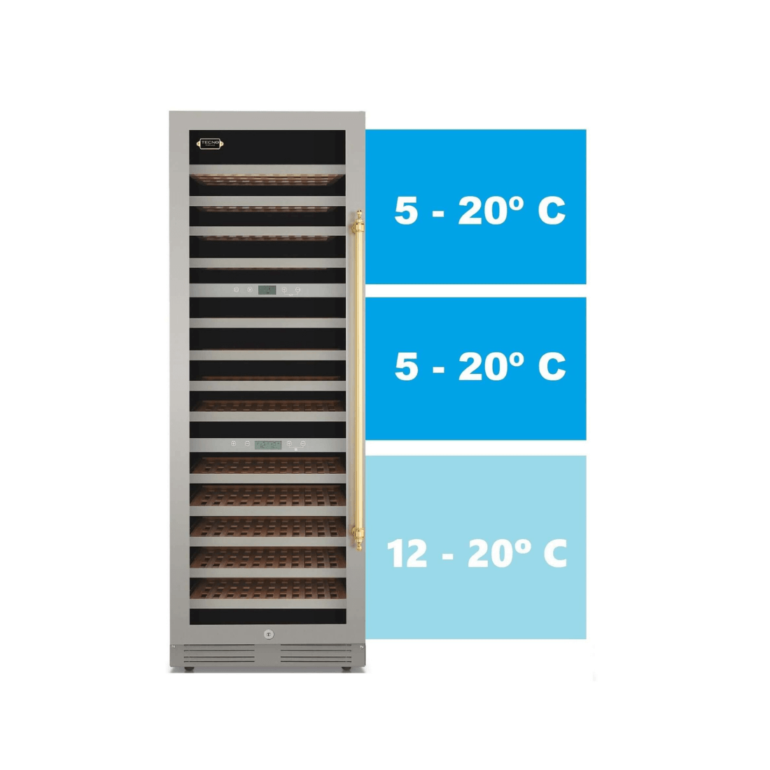 Adega de vinhos Tecno Vintage com três zonas de temperatura de 5-20°C e 12-20°C para melhor conservação.