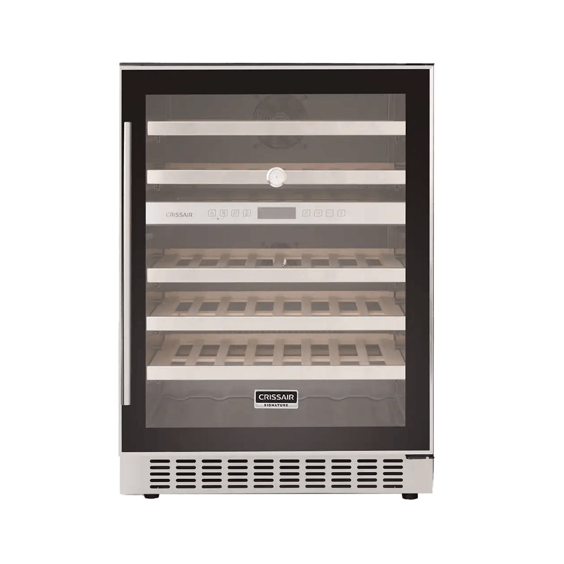 Adega de vinhos CrissAir dual zone para 46 garrafas, com vidro preto e controle de temperatura.