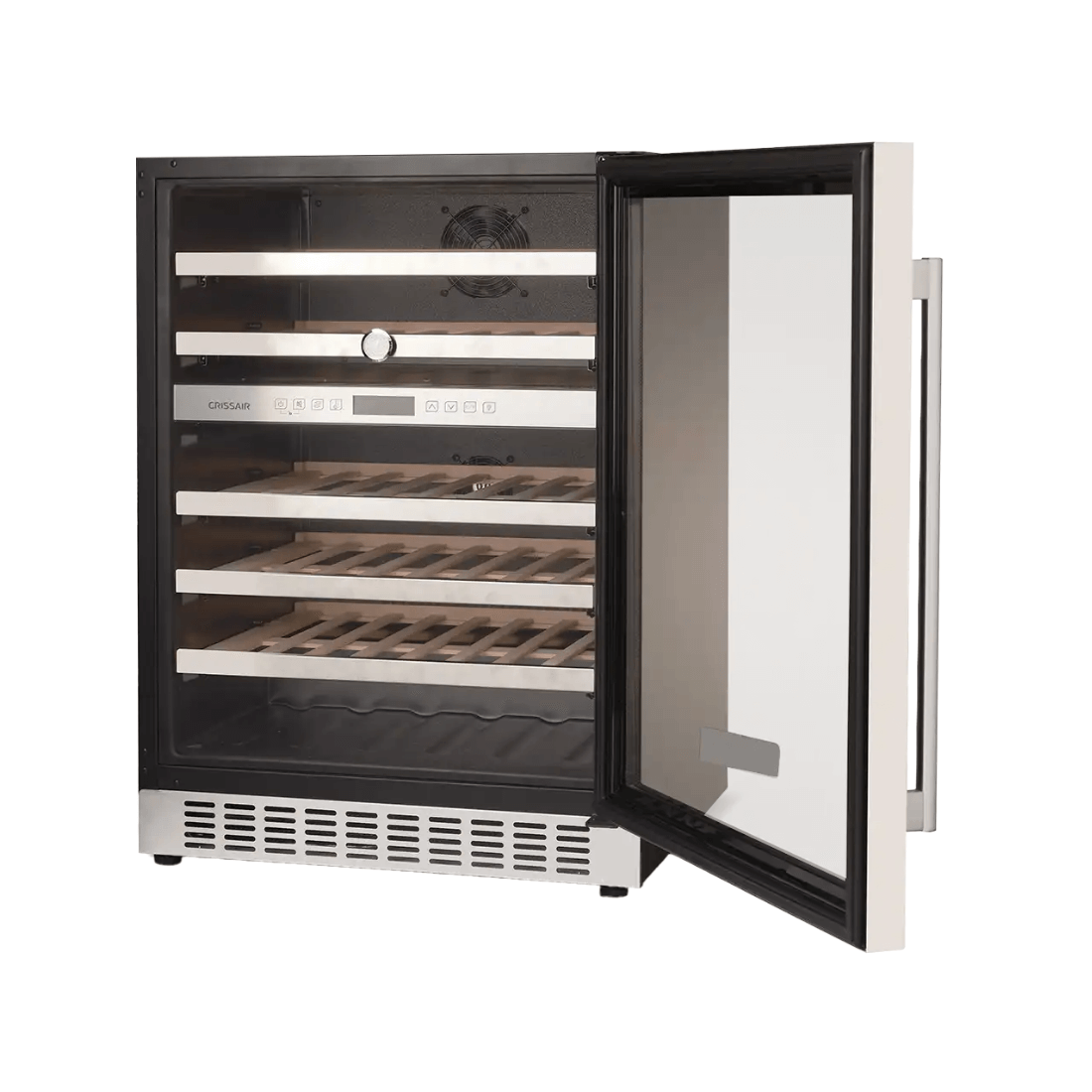 Adega de vinhos CrissAir de embutir, vidro preto, com capacidade para 46 garrafas e duas zonas de temperatura.