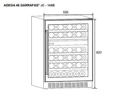Desenho técnico da Adega de Vinhos Evol Smart 46 Garrafas, dimensões e compartimentos para armazenamento.