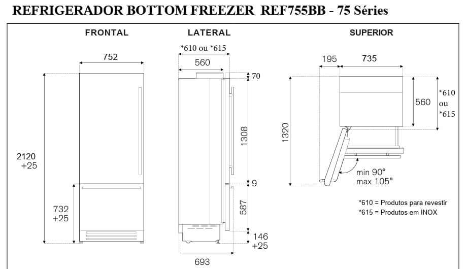 Desenho técnico do Refrigerador Bertazzoni Bottom Freezer REF75BB, mostrando dimensões frontal, lateral e superior.