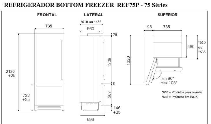 Desenho técnico do Refrigerador Bertazzoni Bottom Freezer REF75P com dimensões e especificações detalhadas.
