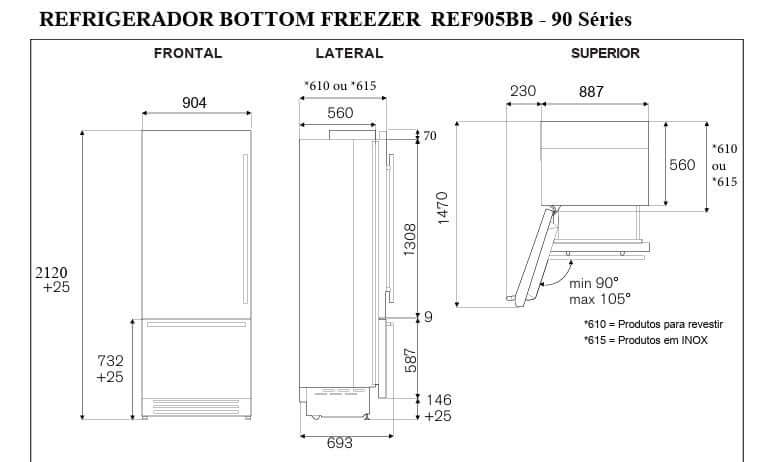 Dimensões do Refrigerador Bottom Freezer Bertazzoni REF905BB - Frente, lateral e superior.