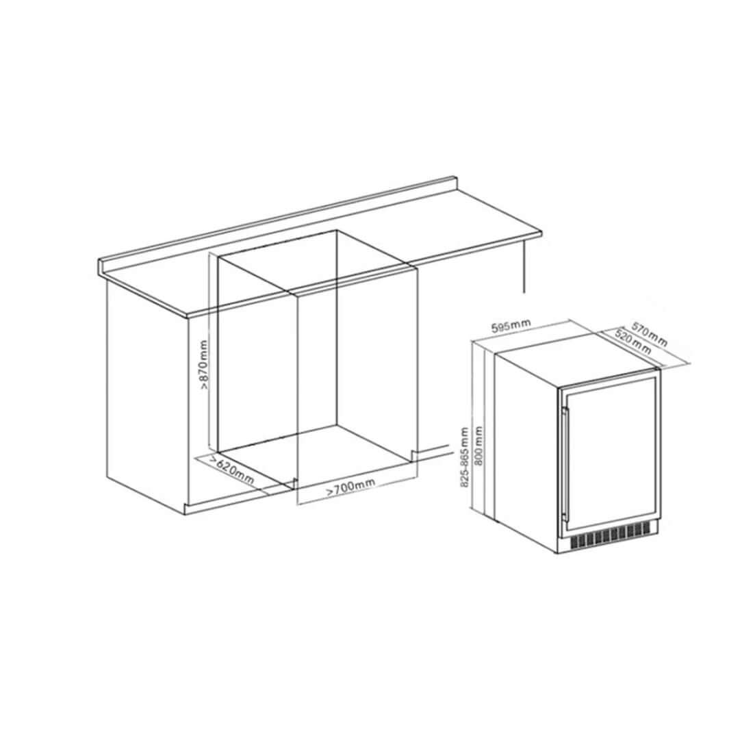 Cervejeira CrissAir 135 Litros Inox 60cm - Abertura Esquerda mostrando medidas para instalação embutida, acabamento inox e porta de vidro