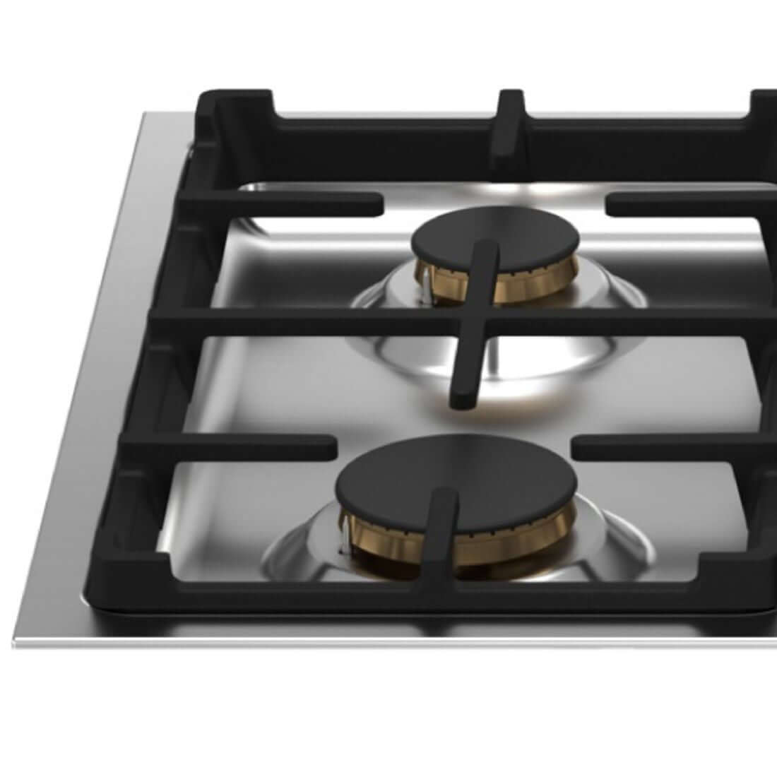 Cooktop Bertazzoni de 2 queimadores a gás, com trempes em ferro e design em inox, ideal para cozinhas profissionais.