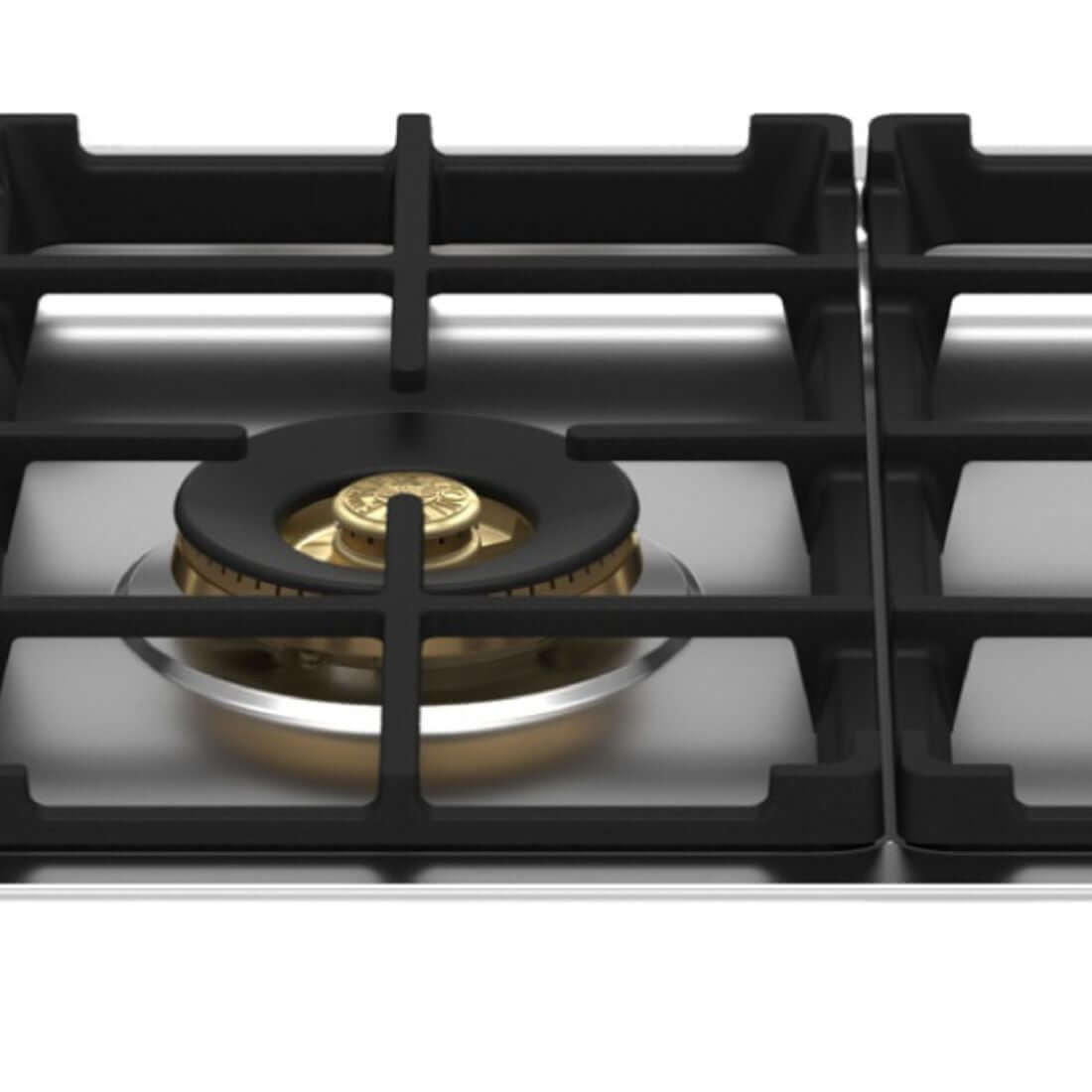Detalhe do queimador a gás do cooktop Bertazzoni com trempes em ferro fundido.