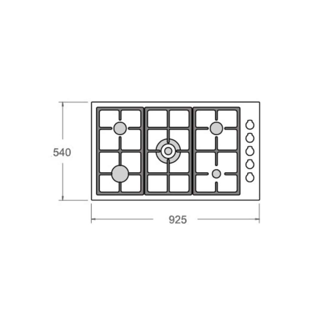 Desenho técnico do cooktop Bertazzoni 5 bocas a gás 92,5cm, mostrando dimensões e layout dos queimadores.