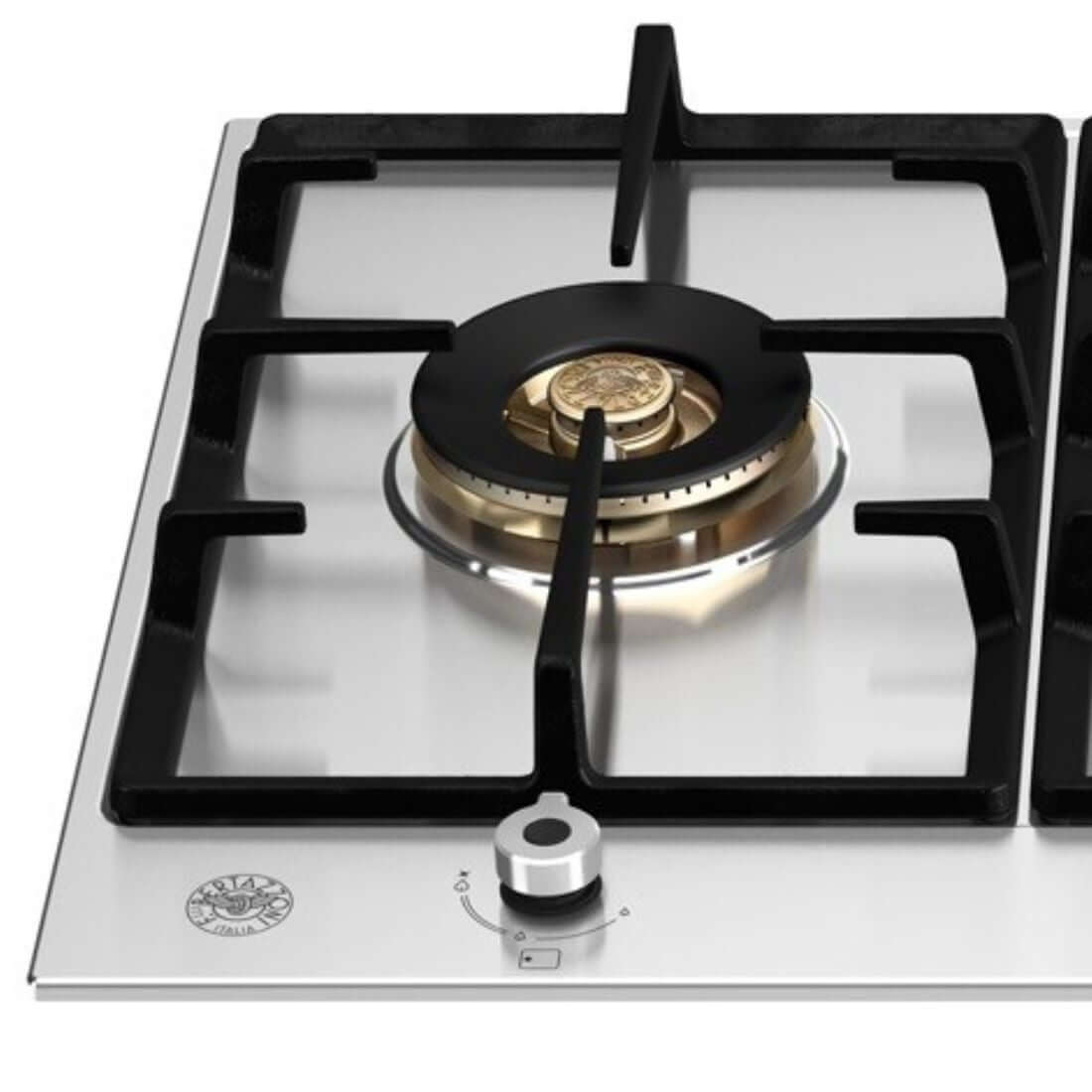 Cooktop a gás Bertazzoni de 5 bocas, com queimador triple-chama e acabamento em inox.