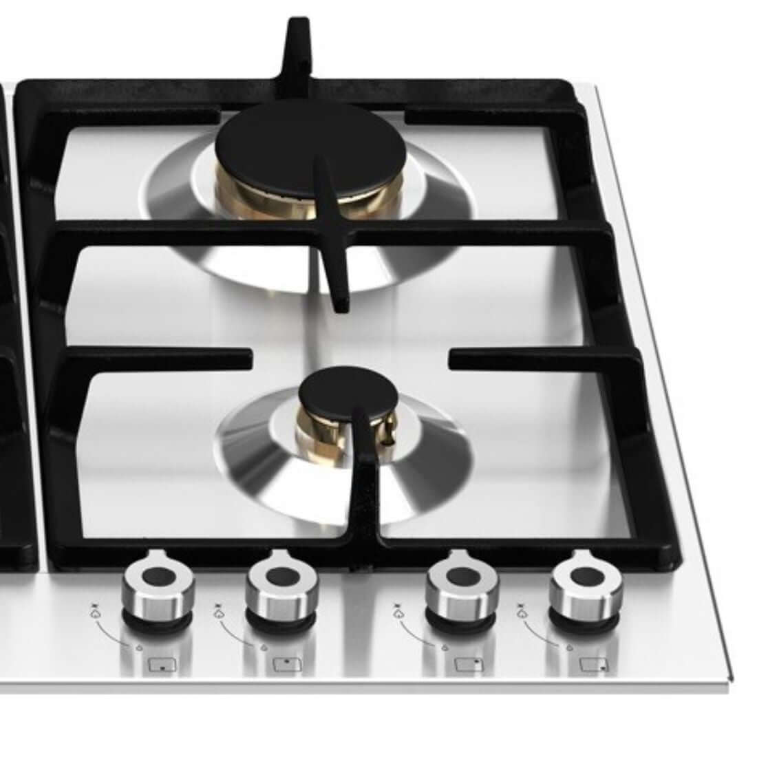 Cooktop Bertazzoni profissional a gás de 5 bocas em inox, vista detalhada dos queimadores e controles.