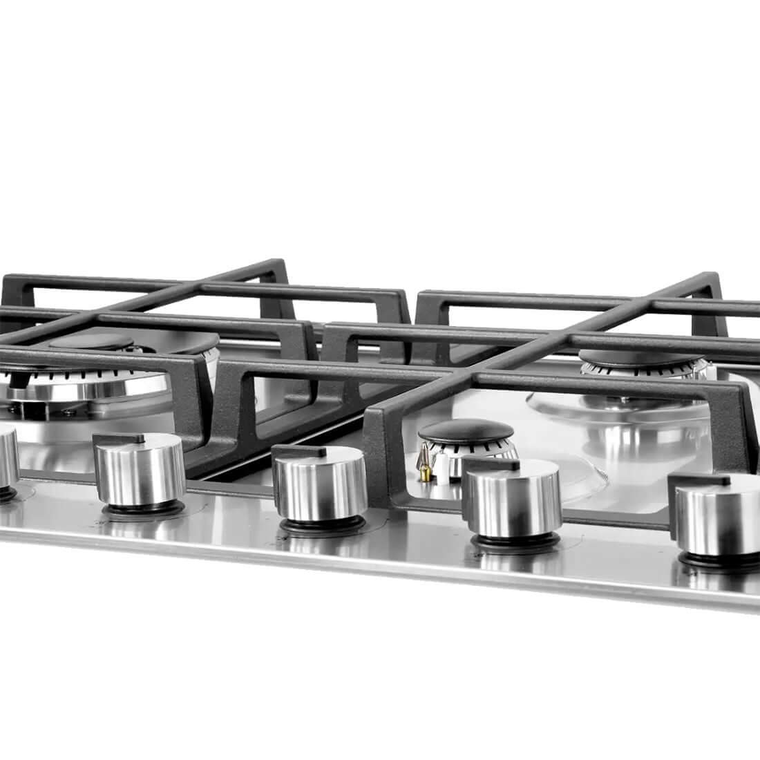 Detalhe do Cooktop a Gás CrissAir 5 Queimadores 90cm, mostrando grelha e controles em aço inox.