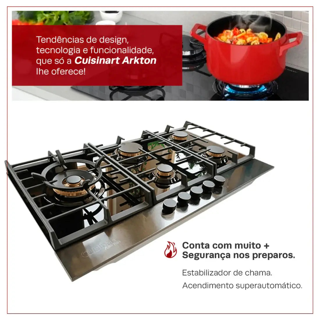 Cooktop a gás Cuisinart Arkton 5 queimadores inox vidro 90cm, design moderno e segurança no preparo.