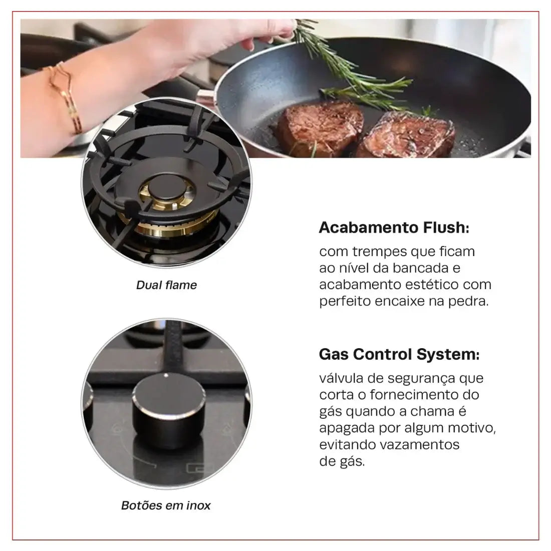 Detalhes do cooktop Cuisinart Arkton: queimador de chama dupla, botões em inox e sistema de controle de gás.