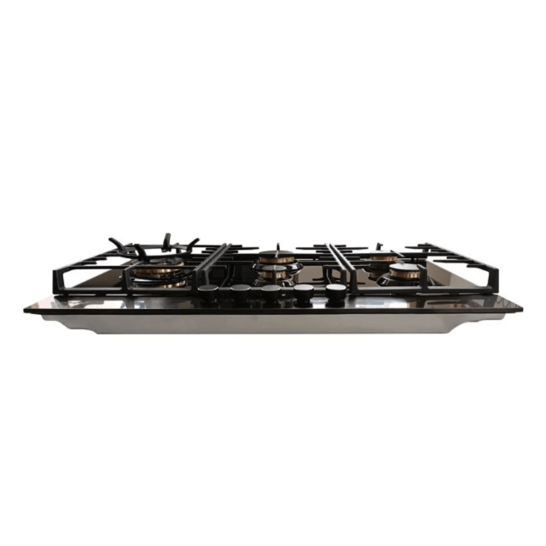 Cooktop à gás Cuisinart Arkton com 5 queimadores, mesa de vidro preto e moldura em aço inox.