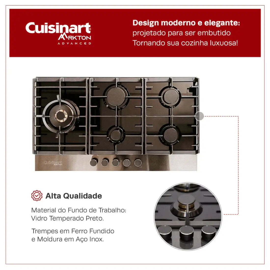 Cooktop à gás Cuisinart Arkton 90cm com vidro temperado e trempes de ferro fundido, design moderno e alta qualidade.