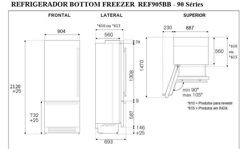 Desenho técnico do Refrigerador Bottom Freezer REF905BB com dimensões em centímetros e especificações.