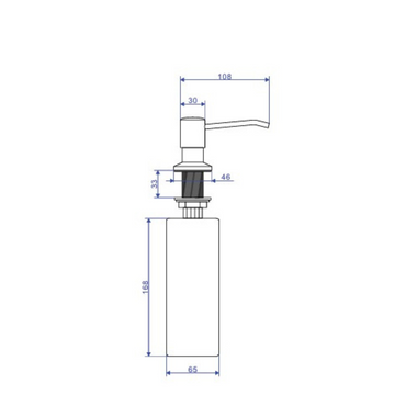 Desenho técnico do Dispenser de sabão Líquido Codda níquel escovado 350ml com dimensões.