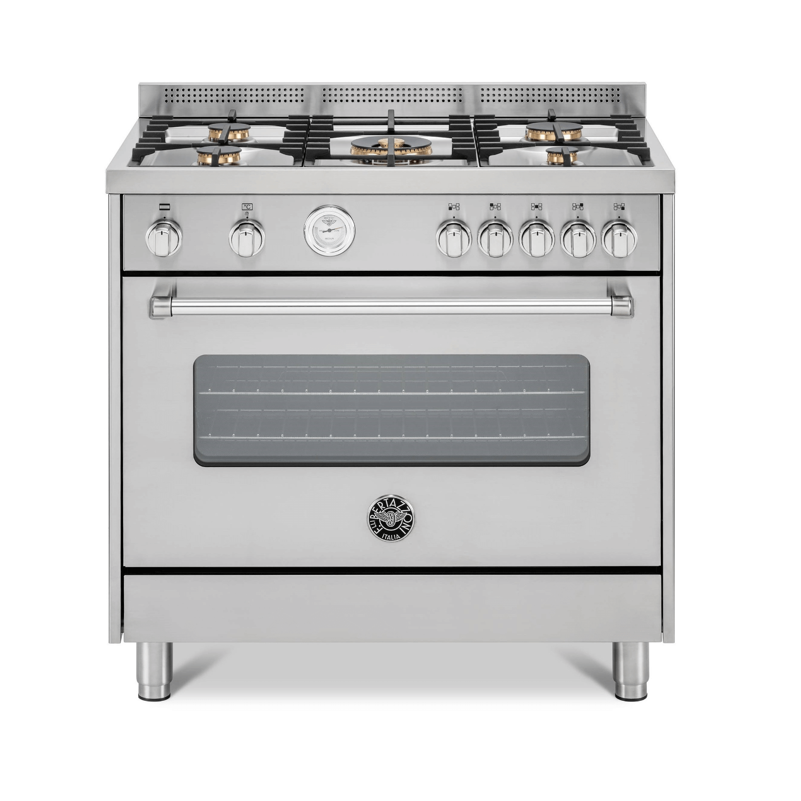 Fogão Bertazzoni Master Inox 90cm 5 Bocas Forno a Gás 142 Litros em inox, fogão de piso italiano 5 bocas com trempes ferro e painel de botões