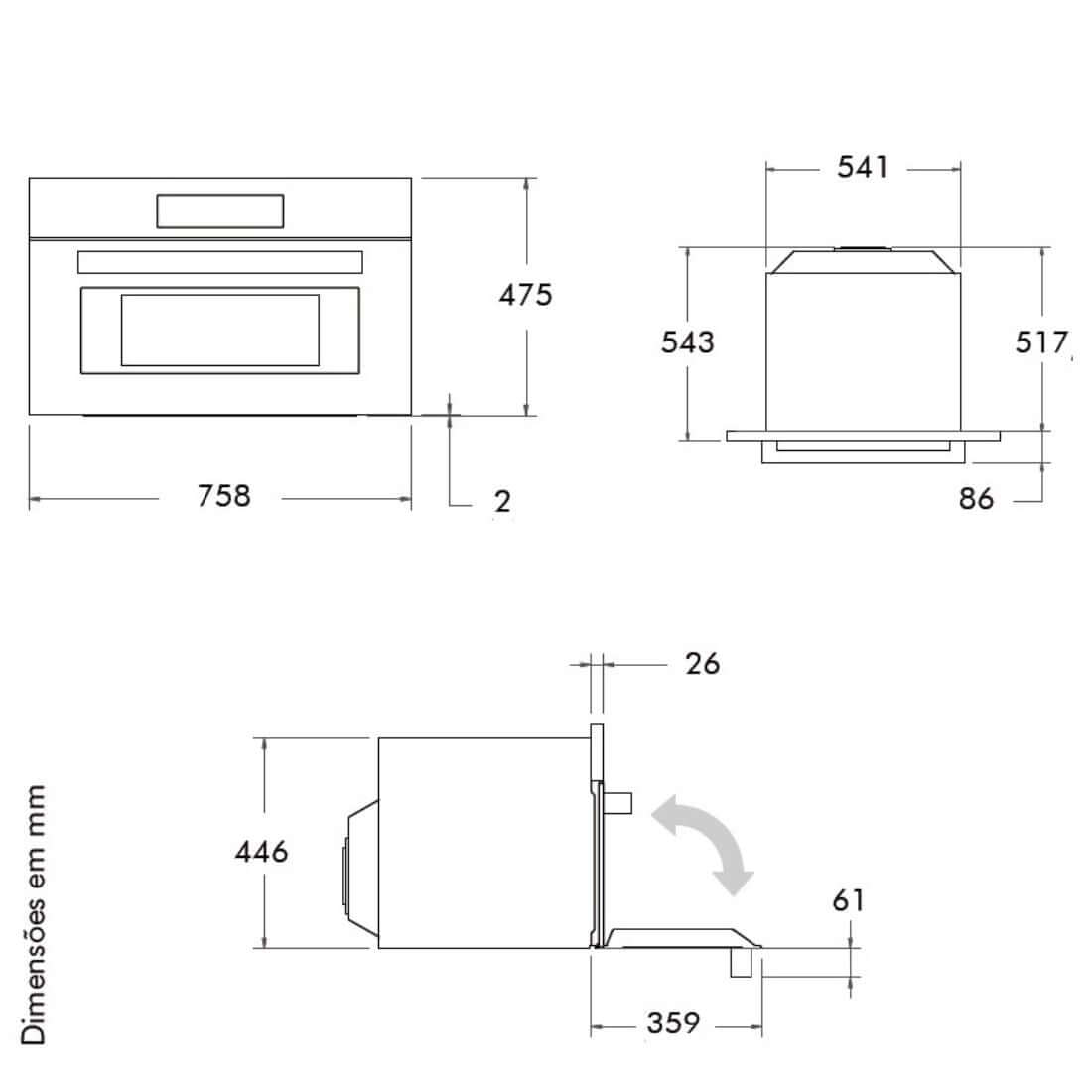 Forno Bertazzoni Professional Combinado com Micro-ondas 41 Litros Inox 76cm em inox, desenho técnico com medidas, porta basculante e painel touch para embutir