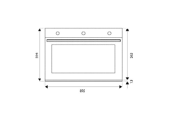 Forno Bertazzoni Elétrico Professional 100 Litros Inox 90cm de embutir em inox, painel analógico e porta frontal de vidro, desenho técnico com medidas