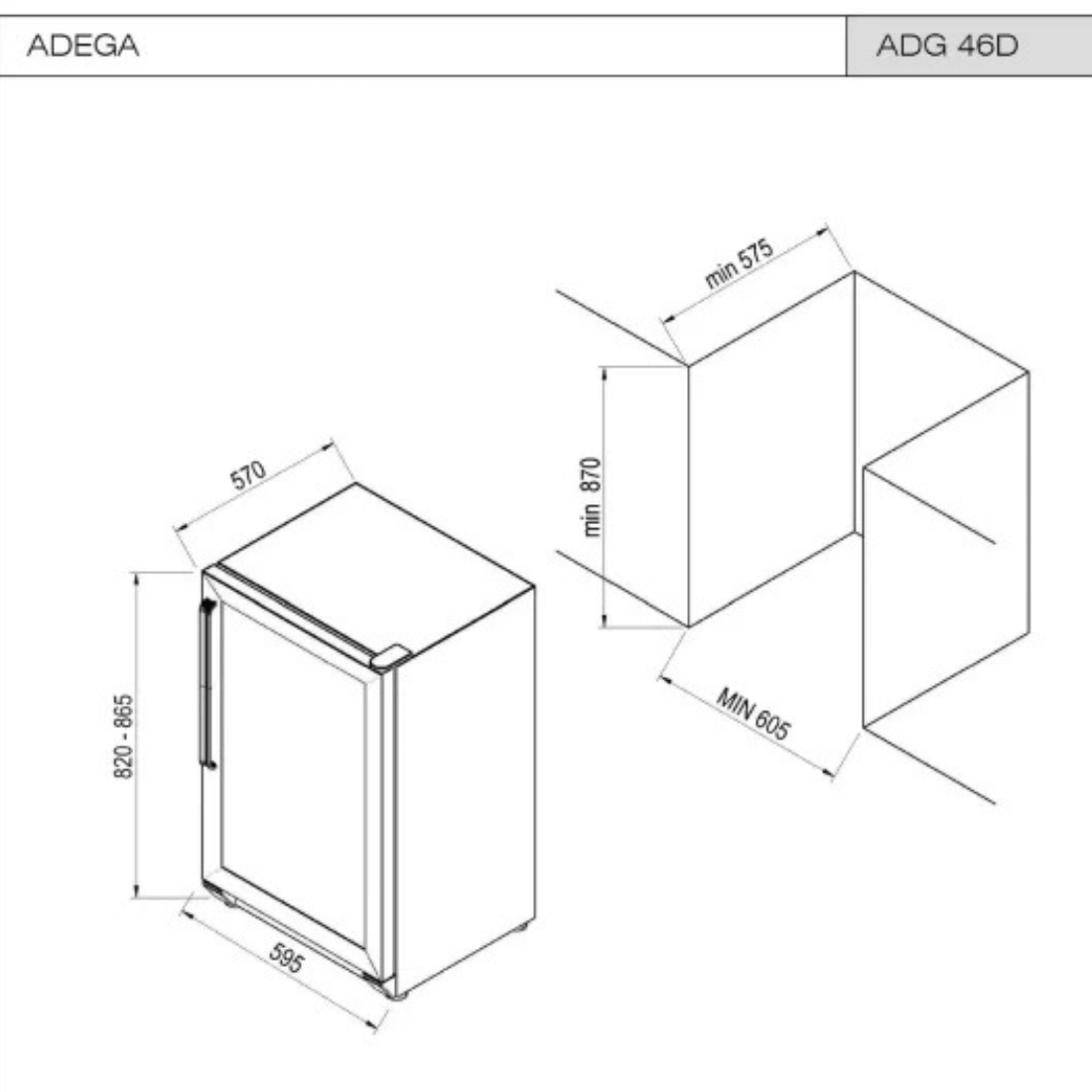 Desenho técnico da adega de vinhos CrissAir ADG 46D com medidas detalhadas.