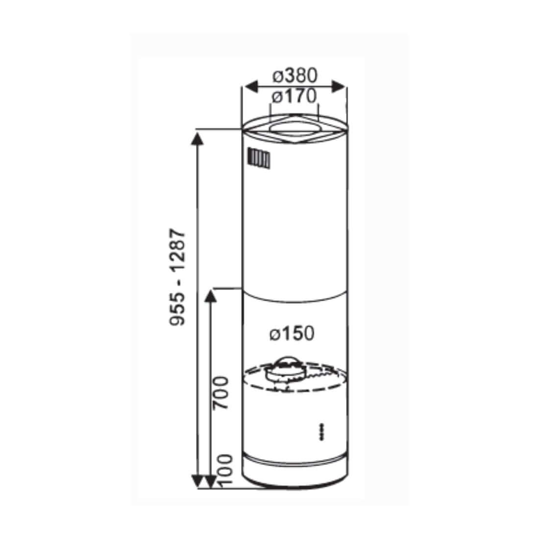 Coifa Evol de Ilha cilindrica inox 38cm com medidas tecnicas e LED, dimensões Ø380 Ø170 altura 955-1287mm