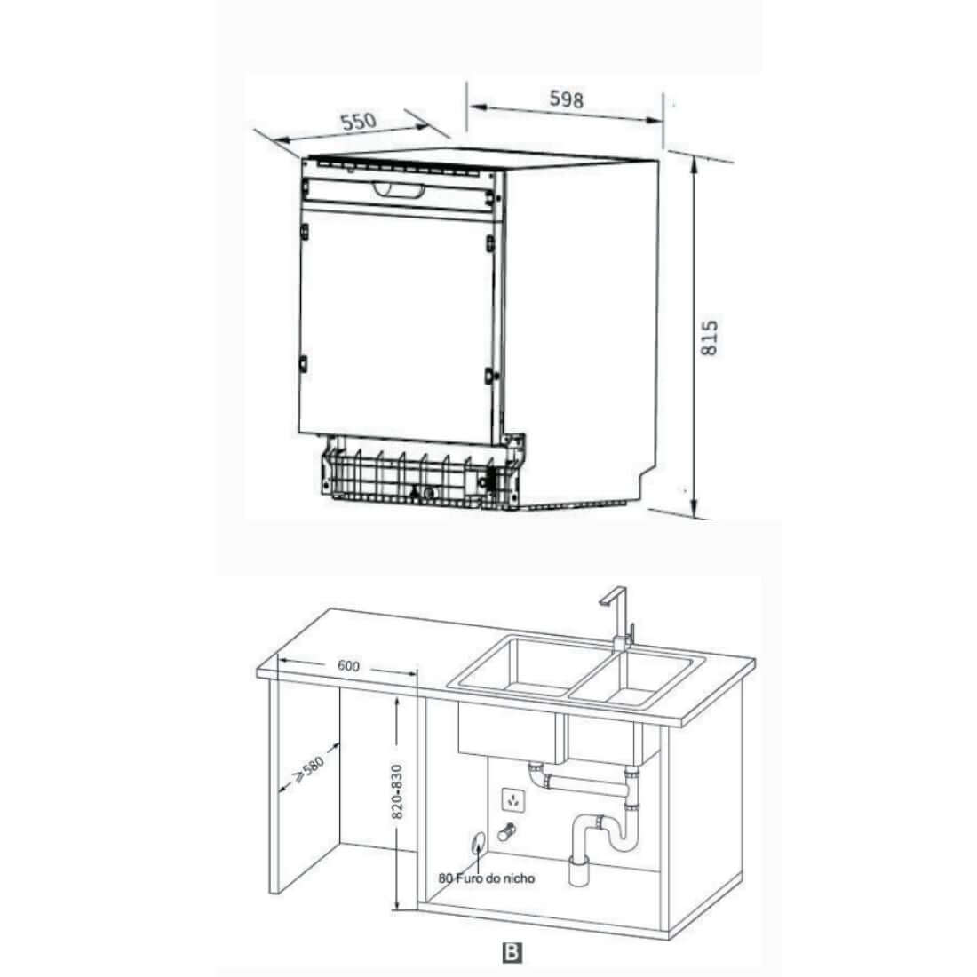 Lava-Louças Evol embutida 60cm desenho técnico com medidas do nicho e posicionamento de tubulação
