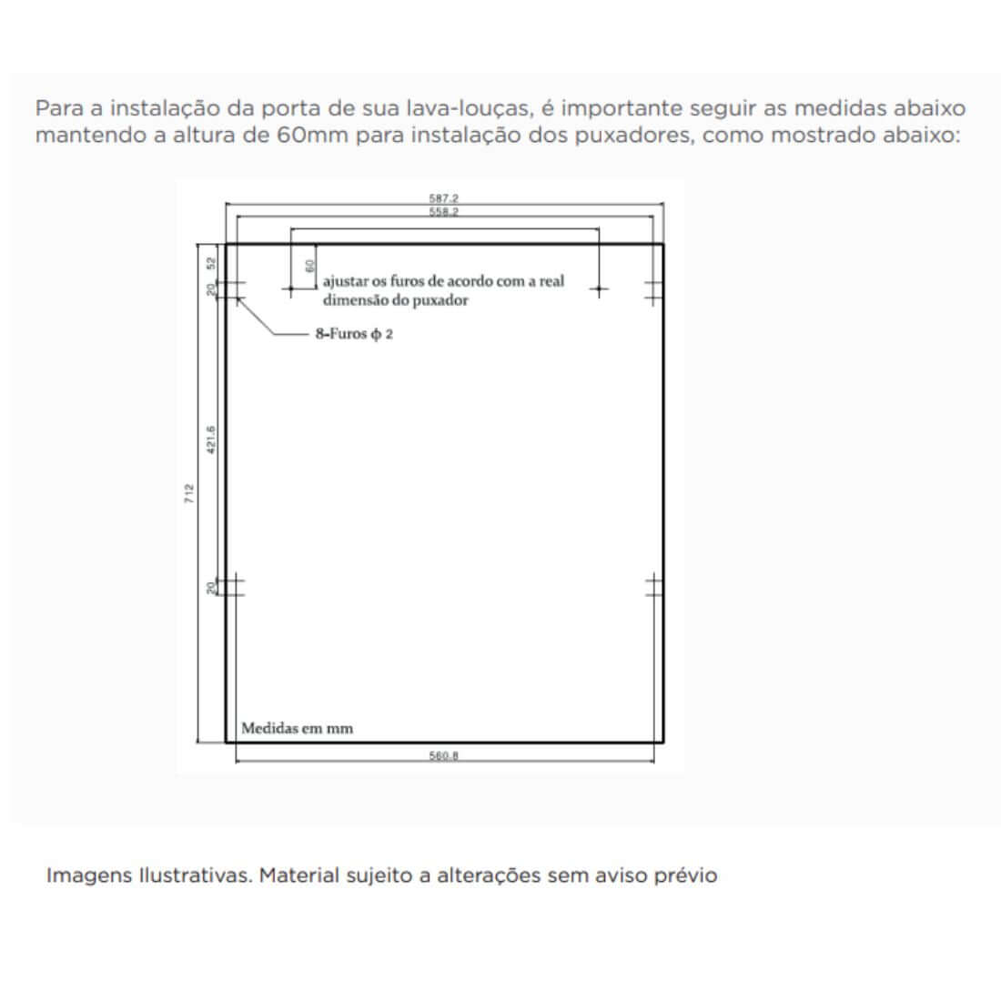 Painel de Inox Evol para Lava-Louças 60cm - diagrama técnico com medidas e posicionamento de furos para instalação da porta (medidas em mm)