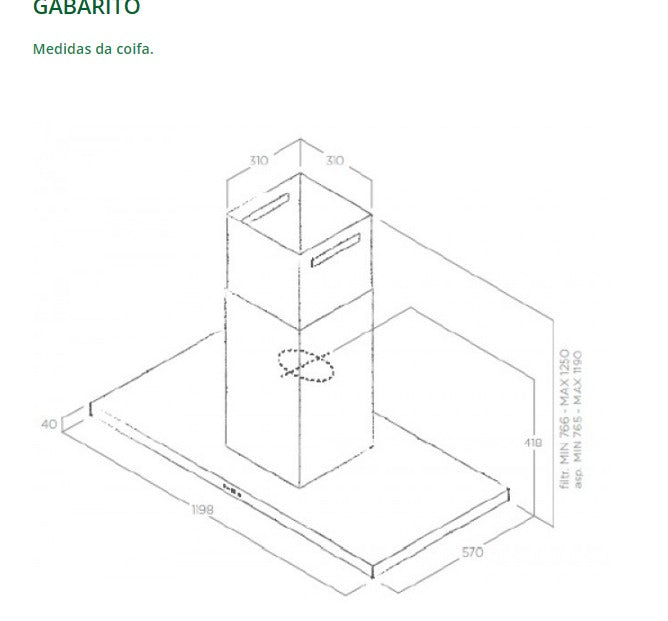 Esquema técnico da Coifa Bertazzoni Thin Ilha Inox 120cm com medidas e design.