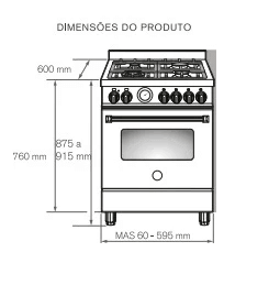 Dimensões do Fogão Bertazzoni Master 4 Bocas com forno a gás, largura de 600mm e altura ajustável.