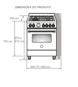Dimensões do Fogão Bertazzoni Master 5 Bocas Inox 70cm, com medidas detalhadas para instalação.