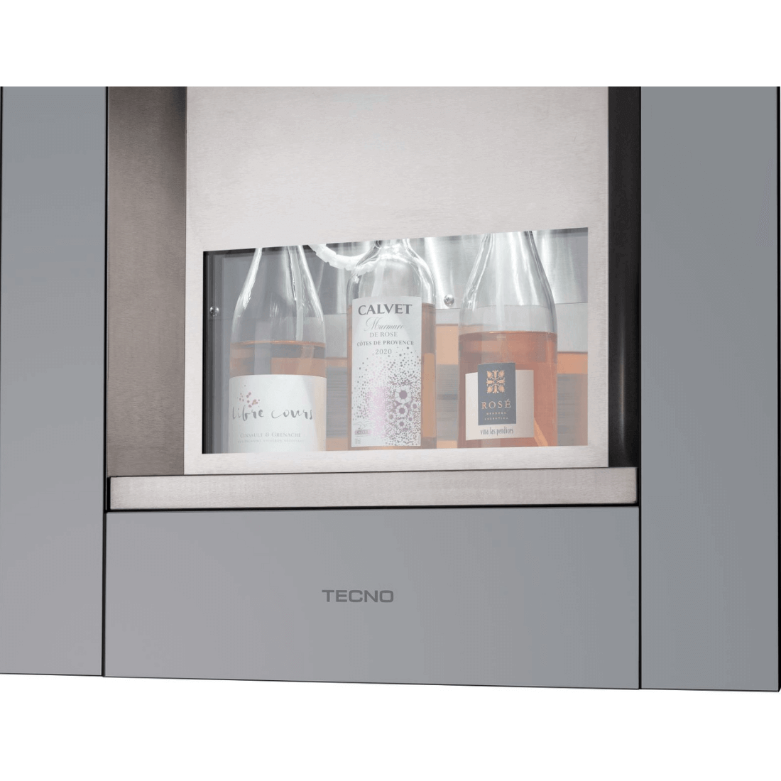 Dispenser Tecno Vintage de embutir mostrando 3 garrafas de vinho em inox, ideal para conservar e servir bebidas.