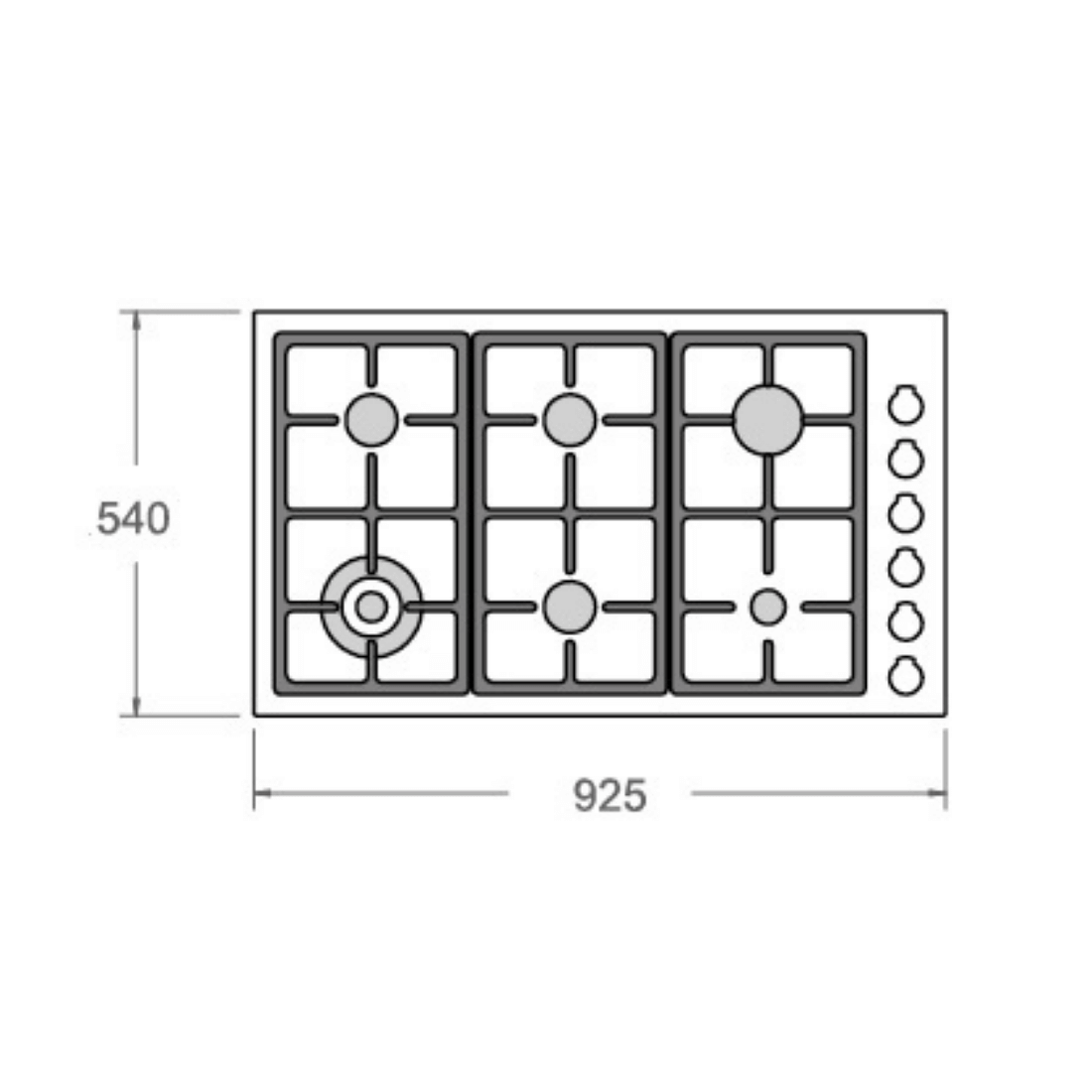 Desenho técnico do cooktop Bertazzoni 6 bocas a gás, medidas 925mm x 540mm, layout dos queimadores.